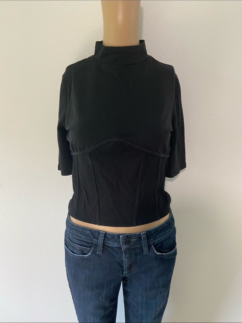 Guess Black Ribbed Mock-Neck Crop Top